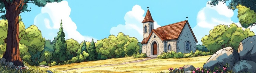 Fototapeta premium Charming rural landscape featuring a quaint church surrounded by lush greenery and a clear blue sky, perfect for serene settings.
