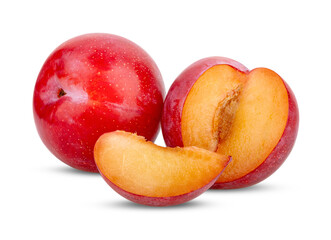 Whole and pieces of red cherry plum  isolated on transparent png