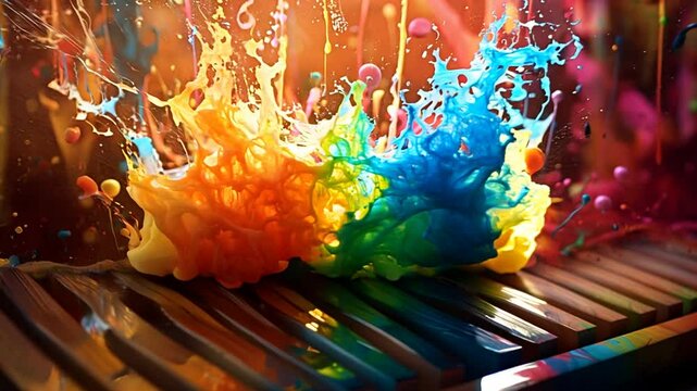 Vibrant splashes of color burst across piano keys, symbolizing the fusion of music and visual art