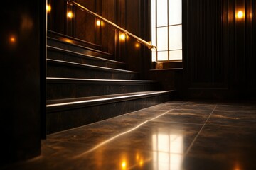 Elegant interior staircase with polished marble floor and warm lighting, creating a sophisticated ambiance.