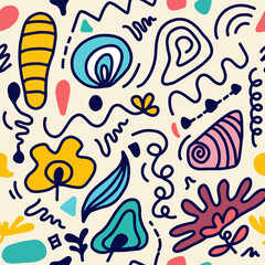 Abstract organic shape seamless pattern with colorful geometric doodles. Abstract contemporary modern trendy vector illustration.