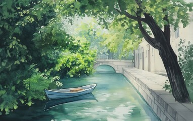 Serene boat on a tranquil canal, surrounded by lush greenery and charming architecture, perfect for peaceful landscapes.