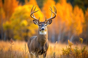 foliage, mammal, A majestic buck whitetail deer stands tall in an autumn landscape in Colorado showcasing its impressive antlers and blending effortlessly with the vibrant foliage