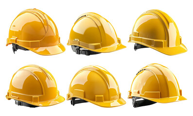 Collection of Six Yellow Construction Safety Helmets on Transparent Background