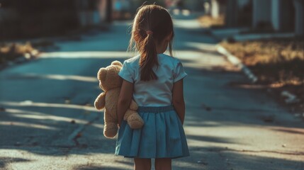 A close-up of a little girl in a white top and blue skirt, standing on the street with her teddy bear. Tears stream down her face as she looks back, the sunlight creating a bittersweet mood