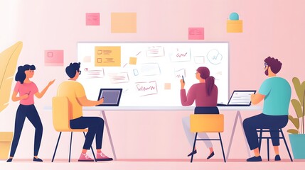 Four People Working Together on a Project in an Office