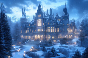 Obraz premium Enchanted Winter Castle: A majestic castle stands tall amidst a snowy landscape, bathed in the warm glow of its windows. The scene evokes a sense of wonder, mystery, and the magical beauty of winter. 
