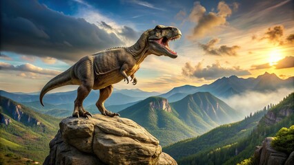 prehistoric, A detailed description joined by 19 keyword tags is as follows A majestic Tyrannosaurus Rex dinosaur perched atop a towering mountain rock creating a breathtaking panoramic view