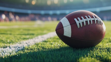 An American football ball flying in mid-air, the green field and yard lines out of focus behind, showcasing the intricate stitching and leather texture of the ball