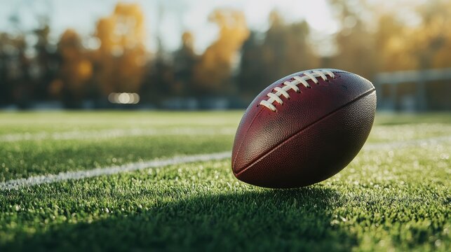 An American football ball flying in mid-air, the green field and yard lines out of focus behind, showcasing the intricate stitching and leather texture of the ball - Powered by Adobe