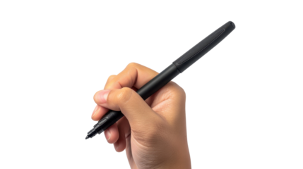 Hand holding black pen marker on transparent background