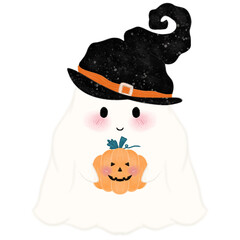 Little ghost holding a pumpkin, Adorable Halloween Ghost Clipart Collection Cute Spooky Ghosts with Fun Props, Perfect for Crafts 
