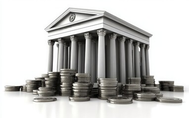 A bank building surrounded by stacks of coins representing wealth, finance, and investment concepts in a minimalist style.