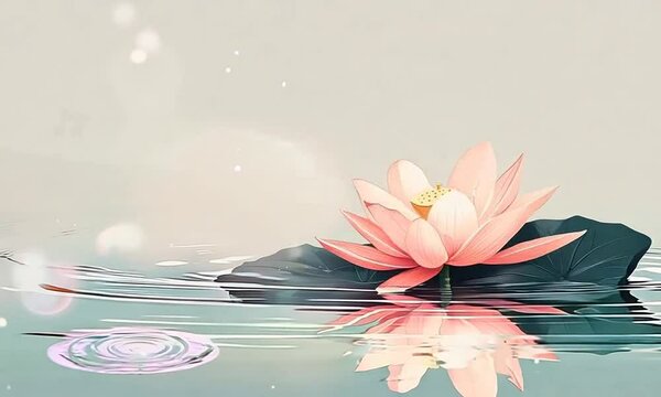 Pink lotus flower with green leaf floating in blue water with a blurred white background.