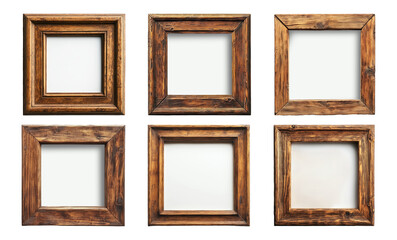 Vintage Wooden Frames Isolated on Transparent Background Set of 6 Empty Frames