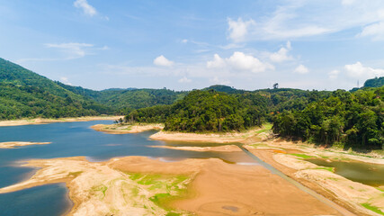 Dry soil with lake or pond, Concept of nature environment background