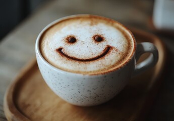 Close-up of a cappuccino with a smiley face made from cinnamon on the foam, adding a charming and cheerful touch to the coffee experience - Powered by Adobe