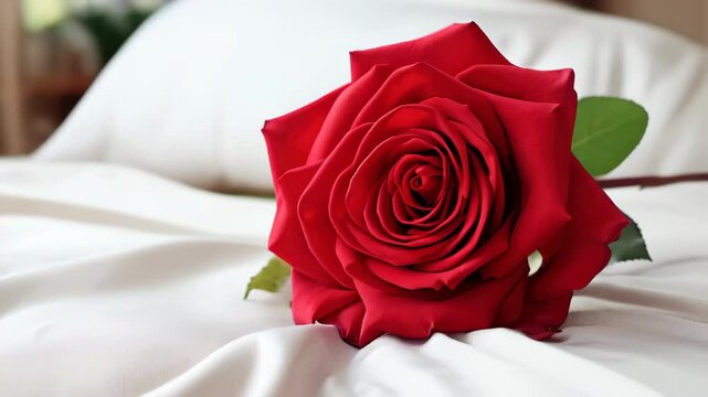 A beautiful red rose resting on a soft white bedspread in a well-lit room with romantic decor