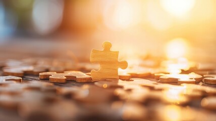 A close-up view of a single puzzle piece standing out among scattered pieces, illuminated by soft sunlight.