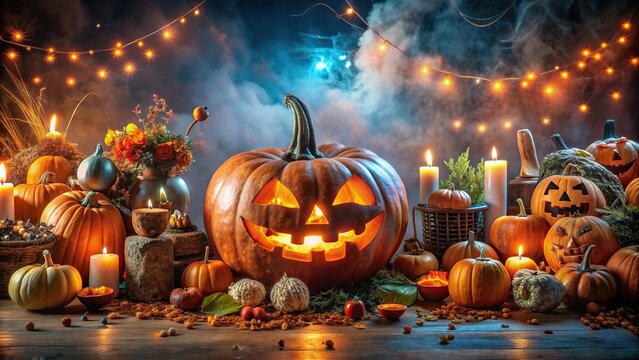 A spooky and mesmerizing panoramic view of a festive Halloween celebration with a terrifying Jack O Lantern pumpkin surrounded by an array of spine chilling decorations, pumpkin