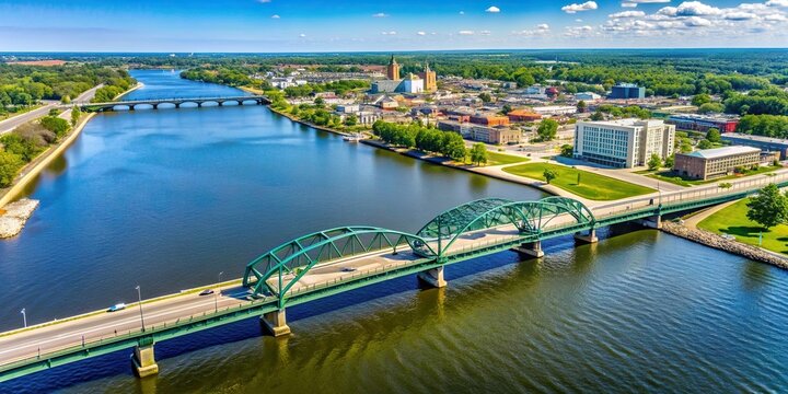 Aerial view of the bridge over Fox River at Green Bay Wisconsin, nature, architecture, Fox River, Wisconsin, landmark, clouds, sunlight, transportation, Green Bay, vibrant, urban, scenic