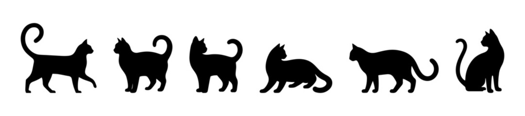 Set of silhouettes of cats on a white background