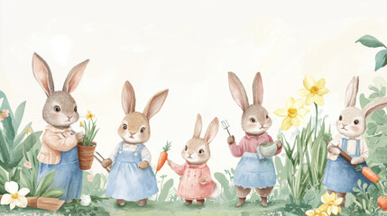 Fototapeta premium Cute Bunny Gardeners.