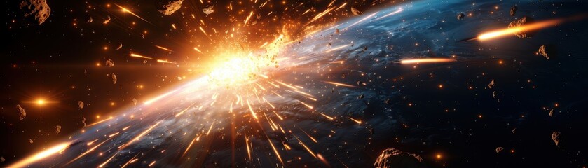 A dramatic explosion in space, showcasing vibrant colors and celestial elements, perfect for cosmic themes and science fiction projects.