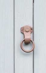 Close-up of a vintage door knocker on a pastel wooden door, symbolizing welcome and entry.
