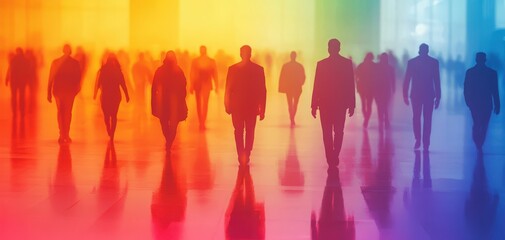 Fototapeta premium Silhouetted figures walking through a vibrant, colorful space, representing diversity and unity in a modern environment.