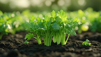 cultivated Celery field, earth day concept, plant in the ground, green world