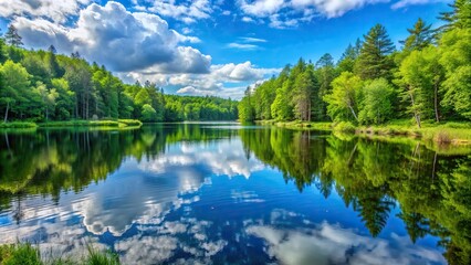 Obraz premium scenic view, reflection, A scenic view of the vast Sanborn Pond in Maine during the summer with clear blue water reflecting the surrounding lush greenery creating a picturesque landscape