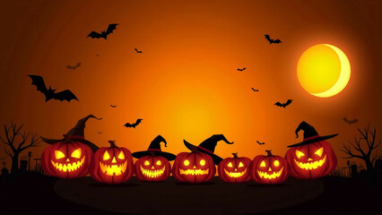 Halloween Jack-o'-Lanterns and Bats Under Crescent Moon