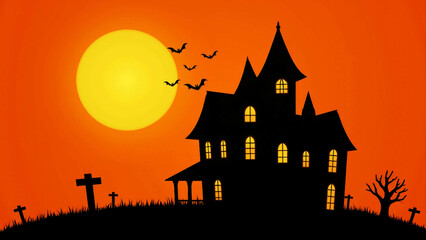 Spooky Haunted House Silhouette Against Full Moon