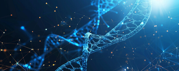 3D Rendering of Double Helix DNA Molecule on Dark Blue Abstract Background