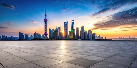 Empty brick floor with a modern building in the silhouette of Shanghai at dusk, shadows, metropolitan, dusk, urban, evening,empty, China, Shanghai, destination, night, architecture