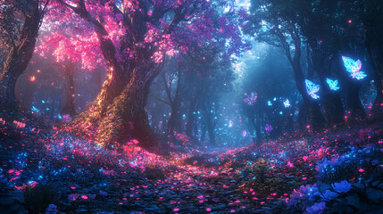a mysterious magic forest with butterflies and flowers, 3d rendering
