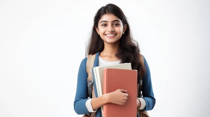 Fototapeta premium Happy Indian student girl holding books and smiling, isolated on a white background