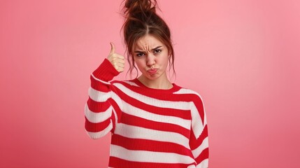 Woman in a red and white striped sweater, making a thumbs-up gesture