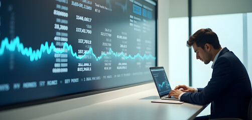 Fototapeta premium Businessman Using Laptop to Review Stock Market Performance on Large Screen