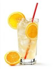 A refreshing glass of iced lemonade adorned with lemon slices and a red straw, perfect for summer days and picnics.