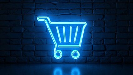 Neon Shopping Cart Sign on Dark Brick Wall
