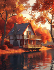 Fototapeta premium Autumnal Serenity: A Cozy Cottage by the Lake