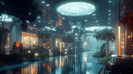 Futuristic Cityscape with Trees and Reflections