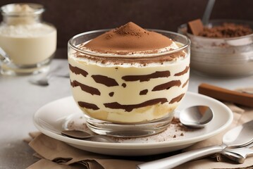 Tiramisu, traditional Italian dessert on a white plate. Close up.
