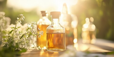 A serene scene featuring bottles of oil set amidst blooming flowers, highlighted by soft sunlight, evoking tranquility and nature.