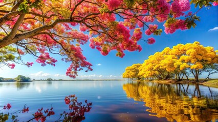 serene, blossoms, reflected, Pink Tabebuia tree and yellow Royal Poinciana blossoms in full bloom against a clear blue sky their vibrant colors reflected in a serene body of water