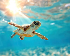Obraz premium A serene underwater scene featuring a turtle swimming gracefully beneath the sunlit surface of the ocean.