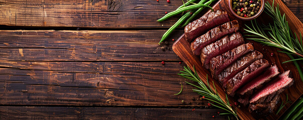 Close-Up of Roasted Meat and Green Beans on Wooden Board, Culinary Delight