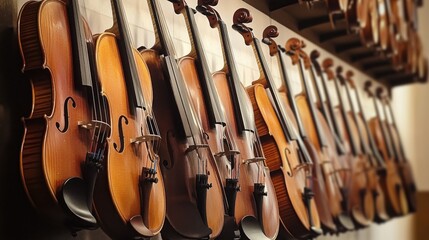 Violins hanging on the wall for sale